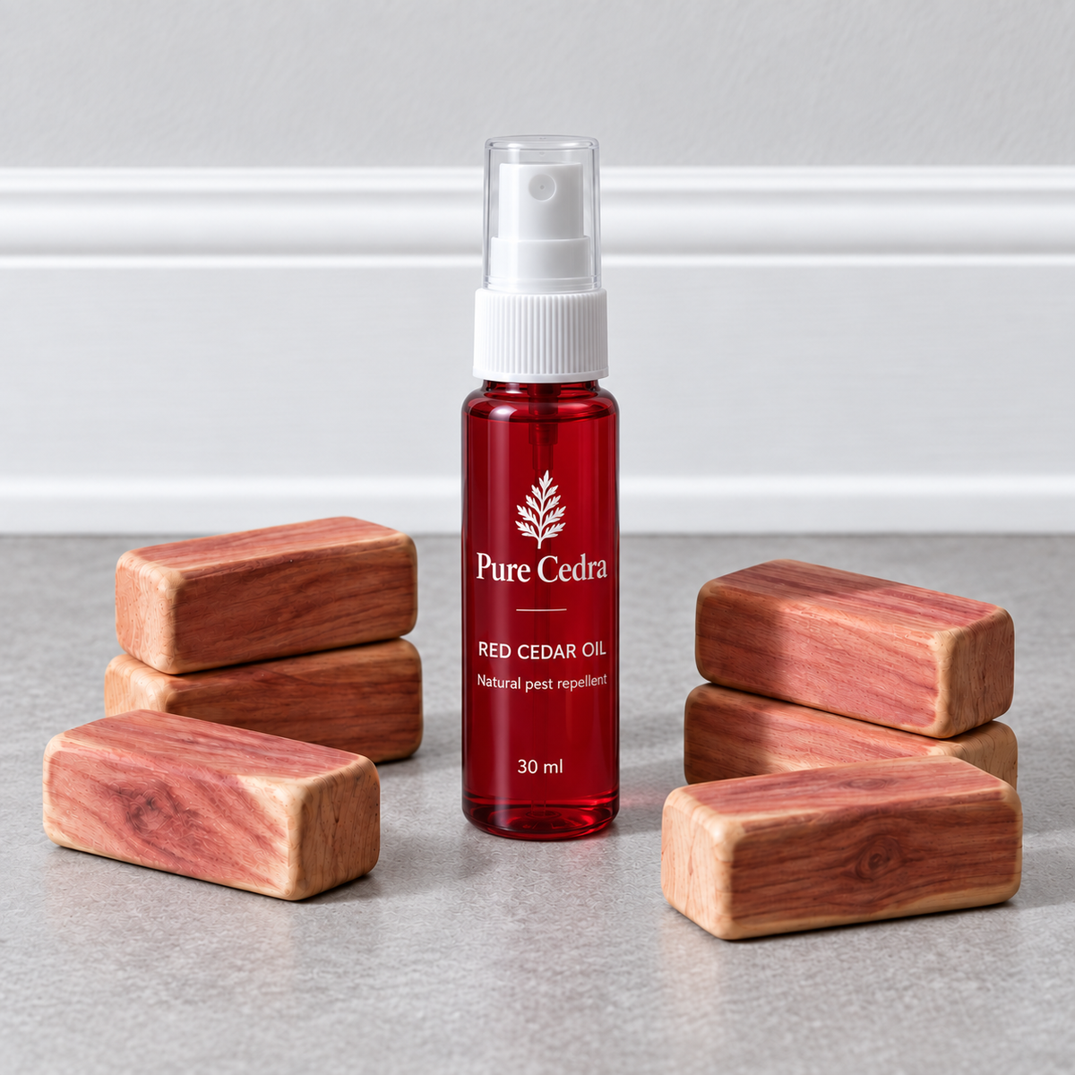 Pure Cedra red cedar oil 30 ml spray and six cedar wood blocks